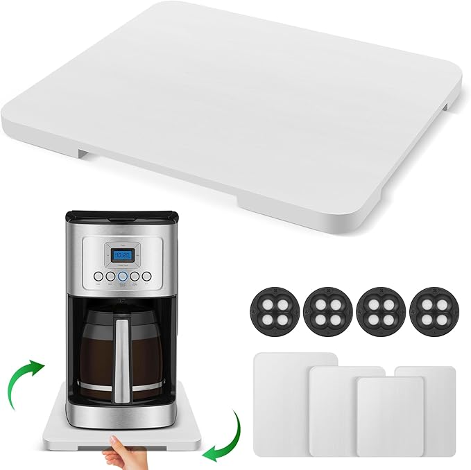 Appliance Slider 360° Rolling Tray for Coffee Maker- Bamboo Coffee Pot Slider Tray Countertop Rotation Sliding Tray with Wheels, Small Appliances Mat White (small 11.8" × 9.8" × 0.6")