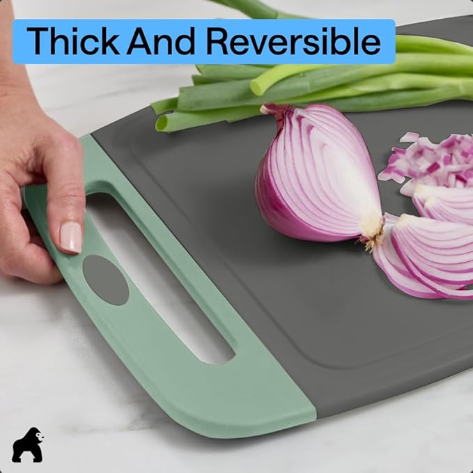 GORILLA GRIP BPA-Free Reversible Kitchen Cutting Board Set of 3, US Designed, Nonporous, Juice Grooves Catch Liquid, Slip Resistant Border, Dishwasher Safe, Durable Food Chopping Boards, Gray Mint
