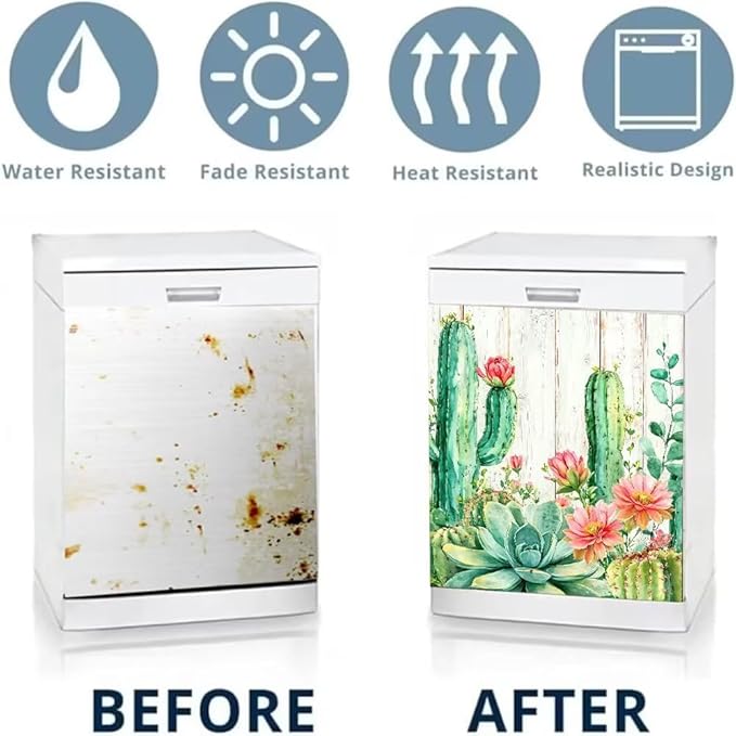 Cactus Succulent Floral Dishwasher Magnet Cover, Desert Plants Refrigerator Magnetic Vinyl Sticker for Dishwasher Door, Rustic Wood Decorative Kitchen Appliance Panel Decal, 23Wx26H Inches