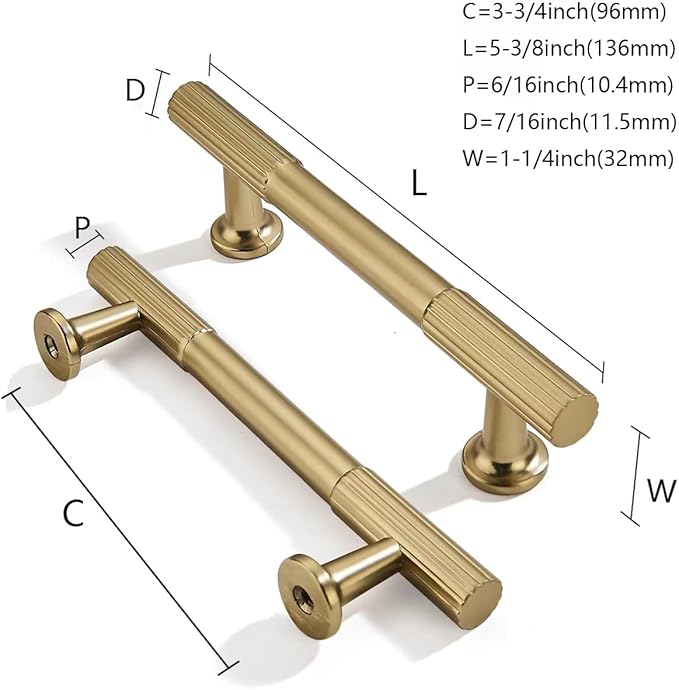 khtumeware 3-3/4 Inch Hole Center 10 Pack Brushed Brass Heavy Duty Solid Warm Brass Cabinet Pulls, Kitchen Drawer Handles, for Dresser cabinets, cabinets