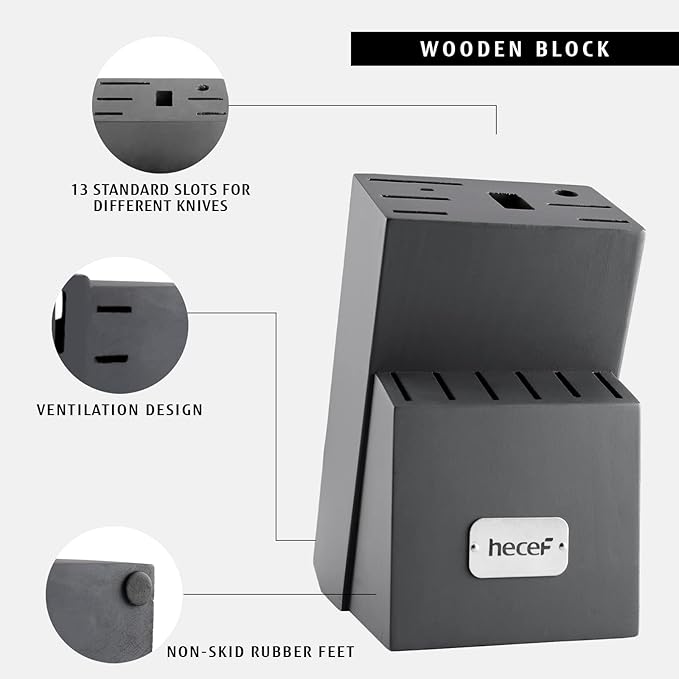 hecef Kitchen Knife Block Set, 14 Pieces Knife Set with Wooden Block & Sharpener Steel & All-purpose Scissors, High Carbon Stainless Steel Cutlery Set (Grey)