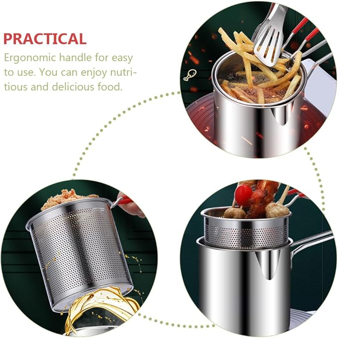 Cabilock Deep Fryer with Basket 4.7 Inch Compact Frying Pot with Perforated Strainer for French Fries Fish Shrimp Chicken Wings Kitchen Appliance