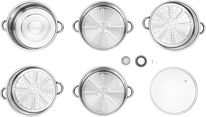 5-Tier Stainless Steel Steamer with Pot, Largest 15KG/33LB Capacity Per Tier, Multi-Purpose Pot for Steam, Boil, Soup & Hot Pot, Visual Glass Lid, Easy Clean, for Stovetop & Kitchen