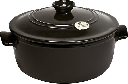 Emile Henry France Flame Round Stewpot Dutch Oven, 4.2 quart, Charcoal