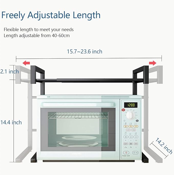 PUSDON Adjustable Carbon Steel Microwave Oven Rack, 2-Tier with 3 Hooks, 55lbs Weight Capacity, Black