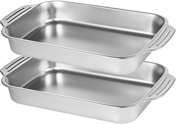 2 Pcs Stainless Steel Cake Pans, 9x13 Rectangular Baking Pans with Silicone Brush & Spatula, Cake Baking Trays with Double Handle, Rectangle Baking Bakeware for Breads, Meats (Without lid)