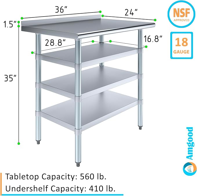 AmGood Stainless Steel Work Table with 1.5" Backsplash and 3 Shelves | Metal Kitchen Food Prep Table | NSF (36" Long x 24" Deep)