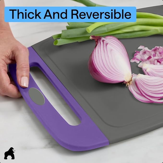 GORILLA GRIP BPA-Free Reversible Kitchen Cutting Board Set of 3, US Designed, Nonporous, Juice Grooves Catch Liquid, Slip Resistant Border, Dishwasher Safe, Durable Food Chopping Boards, Gray Purple
