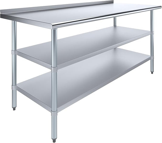 AmGood Stainless Steel Work Table with 1.5" Backsplash and 2 Shelves | Metal Kitchen Food Prep Table | NSF (72" Long x 30" Deep)