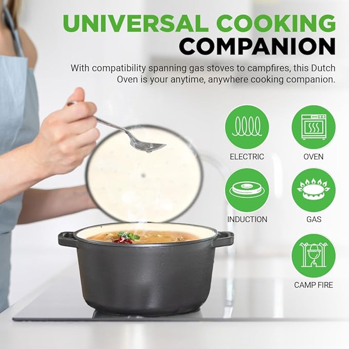 Nutrichef 6 Quart Electric Dutch Oven | 1500W 5-in-1 Enamel Coated Cast Iron Pot with Stainless Steel Lid | Precise Temperature Control | Includes 2 Silicone Pot Holders & Heat Resistant Pad | Black
