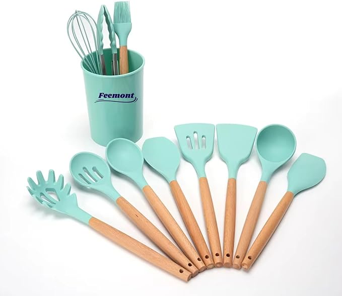 33-Piece Silicone Kitchen Cooking Utensils Set with Holder| Heat-Resistant | Non-Stick Cooking Utensils with Wooden Handles – BPA-Free Cookware Utensils set | Kitchen Tools Great for Gifting (GREEN)