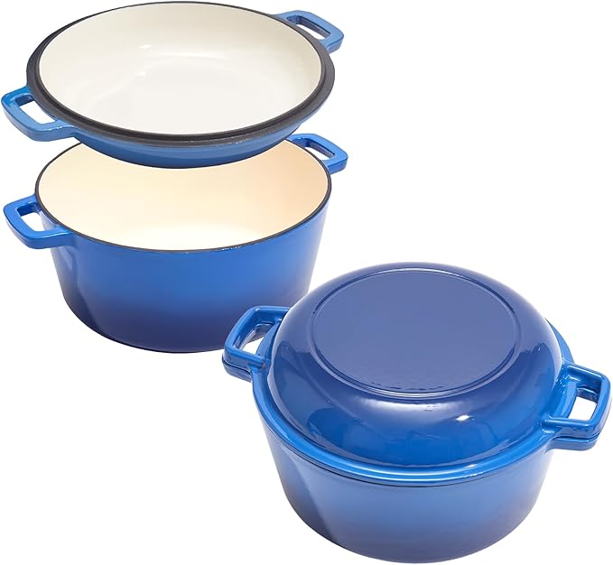 2 in 1 Enameled Cast Iron Dutch Oven Pot 6QT with 2QT Lid - Big Dual Handles - Oven Safe up to 500°F - Classic Round Pot for Versatile Cooking Blue