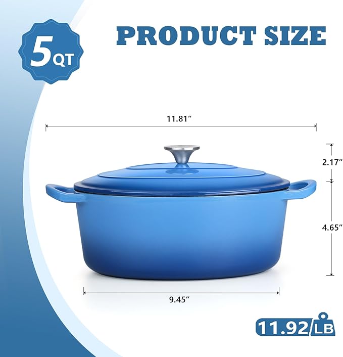 P&P CHEF Oval Dutch Oven with Lid, Enameled Cast Dutch Oven Pot for Bread Baking, Braising, Stewing, Roasting, Non-Stick & Oven Safe, Dual Handles & Easy Clean, 5QT & Blue, Valentine's Day