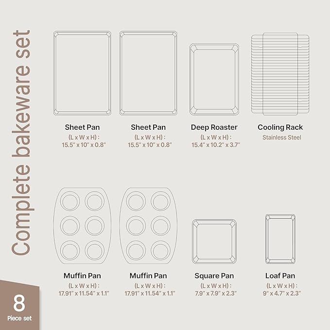 Baking Set – 8 Piece Kitchen Oven Bakeware Set – Deluxe Non-Stick Black Coating Inside and Outside – Carbon Steel – Red Silicone Handles – PFOA PFOS and PTFE Free by Bakken