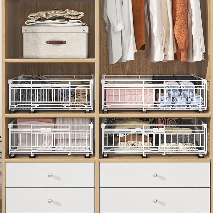 NETEL 2 Pack Expandable Pull Out Cabinet Organizer, Raised 6.69" guardrail, Adjustable Width 13"-20.07", 3 Rails No Drill Adhesive Peel And Stick, Adhesive Pull Out Drawers for Cabinets, White