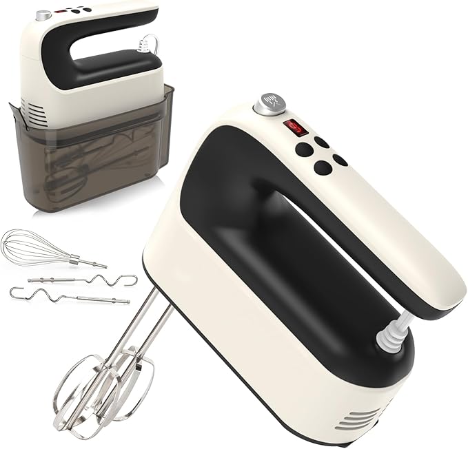 9-Speed Digital Hand Mixer Electric, 400W Powerful DC Motor, Hand Mixer Electric Handheld with Snap-On Storage Case, 5 Stainless Steel Accessories, Beaters, Dough Hooks, Whisk(Creamy/Black)