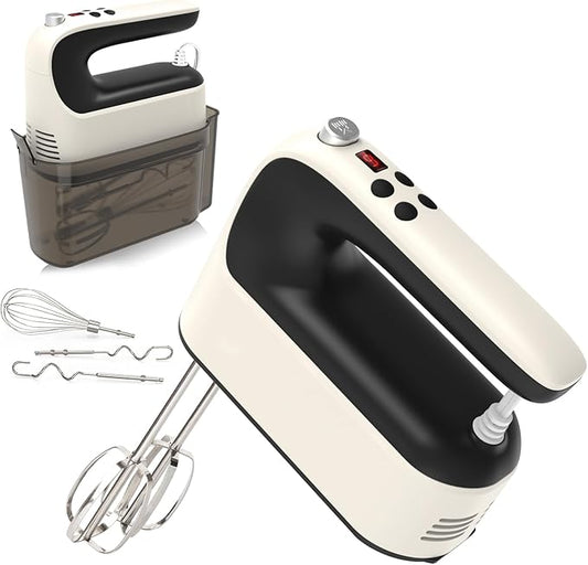 9-Speed Digital Hand Mixer Electric, 400W Powerful DC Motor, Hand Mixer Electric Handheld with Snap-On Storage Case, 5 Stainless Steel Accessories, Beaters, Dough Hooks, Whisk(Creamy/Black)