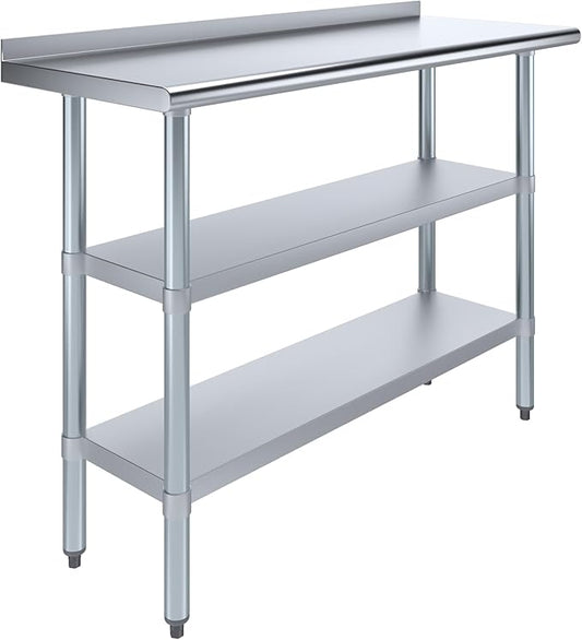 AmGood Stainless Steel Work Table with 1.5" Backsplash and 2 Shelves | NSF (48" Long x 18" Deep)