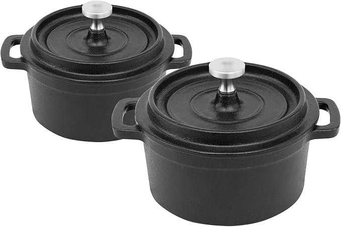 Mini Cocotte 8 oz Mini Dutch Oven 0.25 qt. Cast Iron Garlic Roaster for Oven Garlic Confit Pot Ramekins with Lids Oven Safe Set of 2, Black
