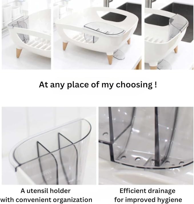 Wide Volume Dish Drying Rack with Removable Utensil Holder, Large Capacity Kitchen Counter Organizer, 360° Swivel Water Drain Spout, Sleek Design, Made in Korea (Cream White)