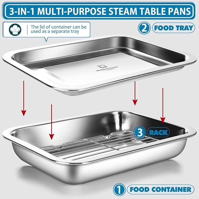 Stainless Steel Food Prep Container with Rack & Lid (Tray), 5.6Quarts, Catering Pans, Restaurant Pans, Buffet Party Pan, Roasting Pan with Rack, Bakeware Roaster, Casserole (1308 / No8)