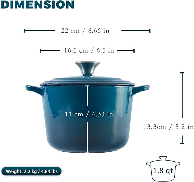 Dutch Oven Pot with Lid 1.8 qt Cast Iron Dutch Oven for Bread Baking DarkCyan Enameled Cast Iron Rice Pot with Handels