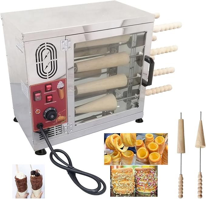 INTBUYING Commercial Electric Ice Cream Cone and Chimney Cake Roll Maker, 8-Station Baking Oven with 16 Interchangeable Dies, 110V 3200W Toasting Oven for Chimney Cake and Bread Rolls, NO Plug
