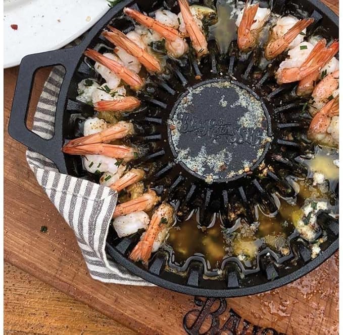 Bayou Classic 7423 Pre-Seasoned Cast Iron Shrimp Pan for Cooking and Serving Holds 24 Jumbo