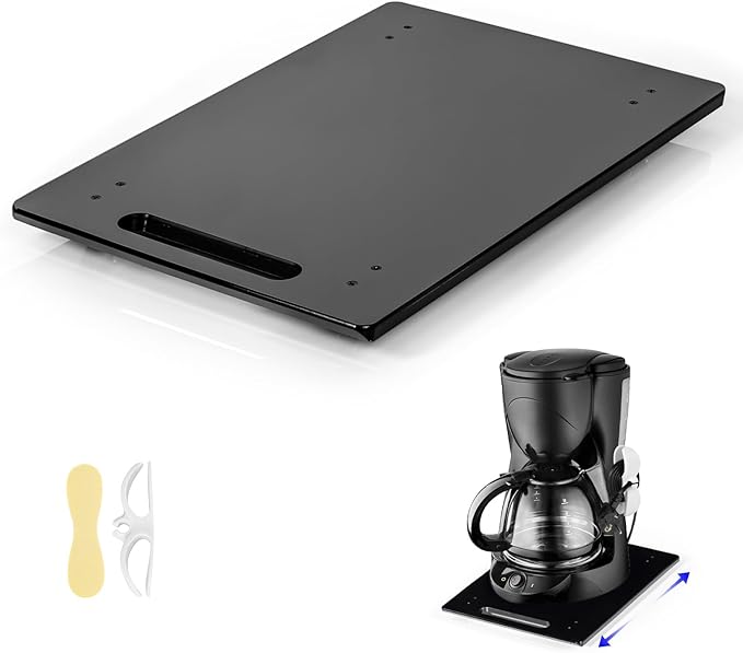 Acrylic Appliance Slider with Rubber Wheels, Sliding Tray for Heavy Kitchen Appliances, Coffee Maker Slider Tray for Counter, Countertop Moving Tray Accessories for Kitchen - 9.8" x 14" (Black)