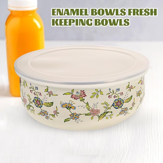 Cabilock 5pcs Enamel Bowls with Lids Mixing Bowls- Vintage Soup Bowl Storage Bowls Set Floral Design for Fruit Salad Pasta Dinner Kitchen