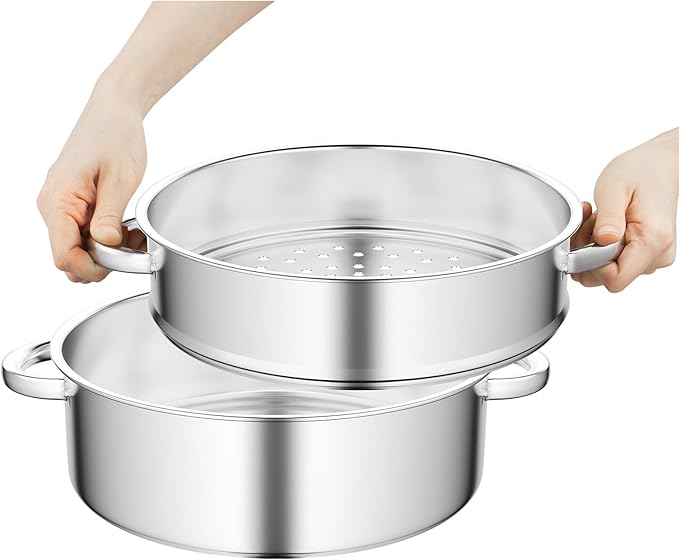 5-Tier Stainless Steel Steamer Stackable, 11 Inch Large Capacity Steamer Pot with Lid, Fast Even Cooking for Dumplings, Vegetables, Fish, Poultry, Compatible with Gas, Induction, Electric Stovetop