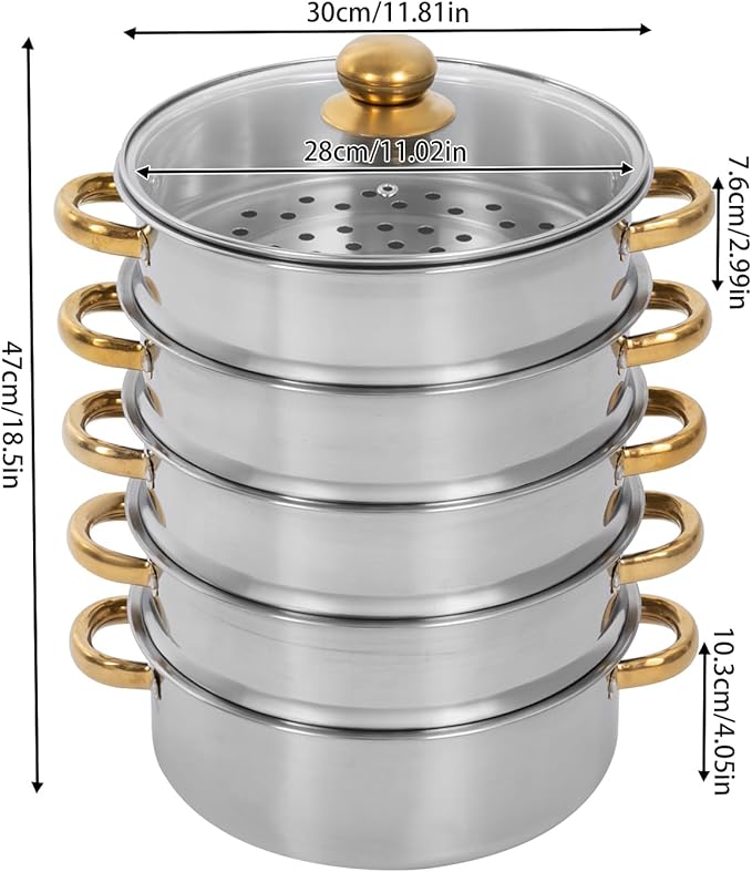 Stainless Steel Steamer Pots, Non-Stick Meat Vegetable Cooking Steam Pot Kitchen Steamer Cooker Dumpling Steamer Cookware Steaming Pots for Induction Cookers, Electric Ceramic Stoves (5-Tier, 30cm)