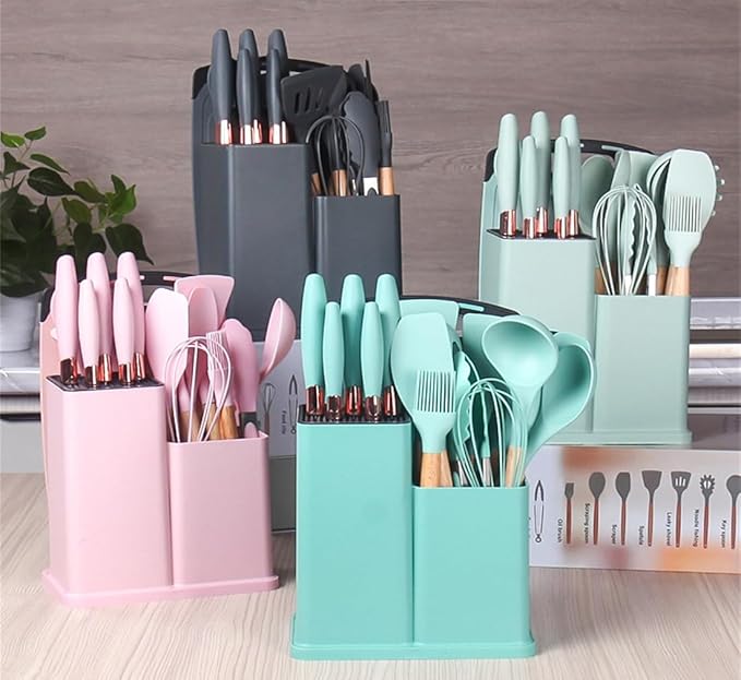 19 Pieces Kitchen Utensils and Knife Set with Block, Inldued 9 Pieces Silicone Cooking Utensils Set 5 Pieces Sharp Stainless Steel Chef Knives Scissors Whisk Tongs and Cutting Board (PINK)