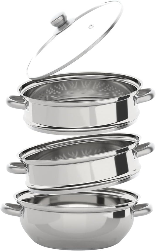 3-Tier Steam Pot, 12.8in Stainless Steel Steamer, Steamer Cookware with Lid, Food Steam Pots with Handles for Vegetables, Seafood, Dumpling