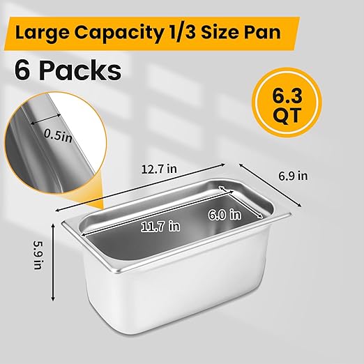 Aplancee 1/3 Hotel Pans 6 Inch Deep Stainless Steel Food Pan - Anti-Jam 6 Pack Steam Table Pan Set for Catering, Buffet Use, Kitchen Prep
