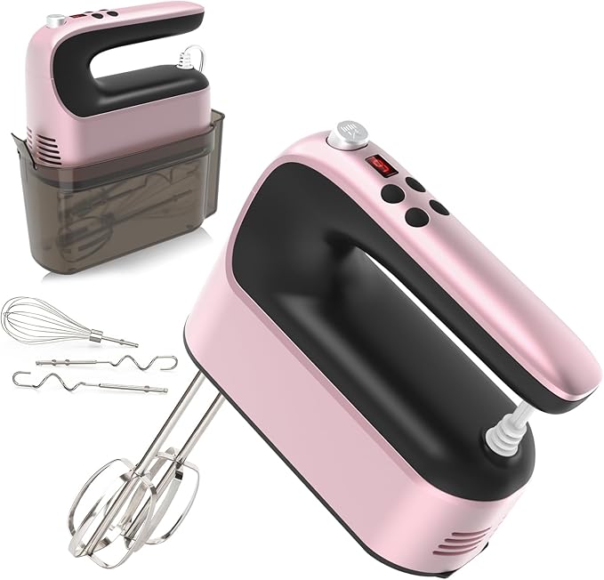 9-Speed Digital Hand Mixer Electric, 400W Powerful DC Motor, Hand Mixer Electric Handheld with Snap-On Storage Case, 5 Stainless Steel Accessories, Beaters, Dough Hooks, Whisk(Rose Gold)