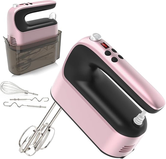 9-Speed Digital Hand Mixer Electric, 400W Powerful DC Motor, Hand Mixer Electric Handheld with Snap-On Storage Case, 5 Stainless Steel Accessories, Beaters, Dough Hooks, Whisk(Rose Gold)