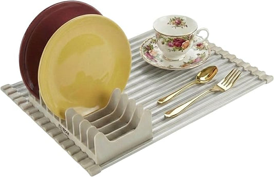 Aluminum Roll Up Dish Drying Rack Over Sink - Supports up to 55 lbs | Heavy Duty Square Bar | Rust-Free Anodized & Heat Resistant Cooling Rack with Removable Dish Holder (Beige, Medium)