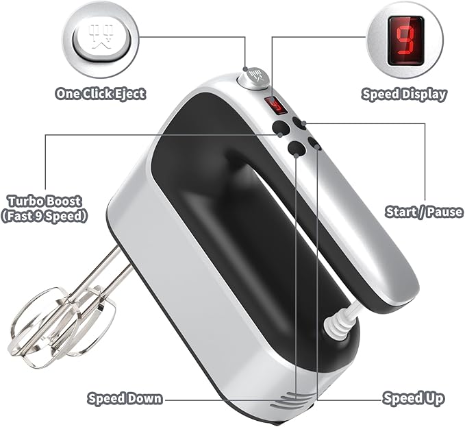 9-Speed Digital Hand Mixer Electric, 400W Powerful DC Motor, Hand Mixer Electric Handheld with Snap-On Storage Case, 5 Stainless Steel Accessories, Beaters, Dough Hooks, Whisk(Silvery Black)