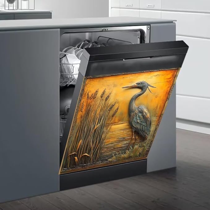 Heron Bird Dishwasher Magnet Cover, Bronze Gold Refrigerator Magnetic Vinyl Sticker for Dishwasher Door, Decorative Kitchen Appliance Panel Decal, 23Wx26H Inches