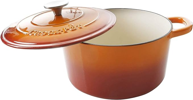 Crock-Pot Artisan 5-Quart Round Enameled Cast Iron Dutch Oven – Sunset Orange, Durable Heavy-Duty Cookware for Slow Cooking, Roasting, Baking with Lid