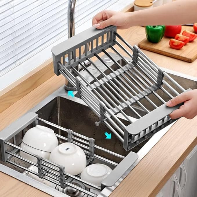 Cyrank Over The Sink Dish Drying Rack, Over The Sink Dish Drying Rack Expandable Over Sink Grill Telescopic Drain Basket Kitchen Rack Drain Basket Sink Drying Rack(S#Black)