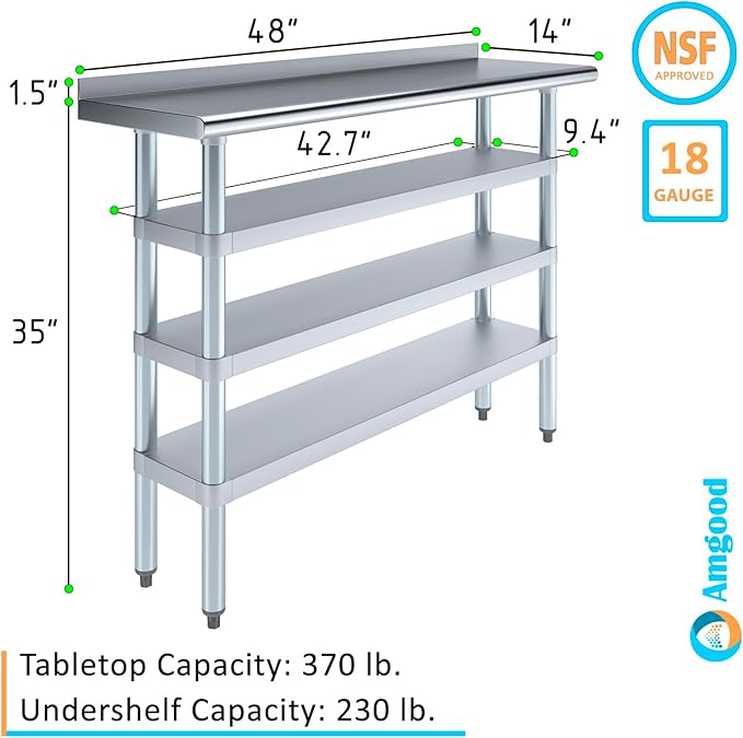 AmGood Stainless Steel Work Table with 1.5" Backsplash and 3 Shelves | Metal Kitchen Food Prep Table | NSF (48" Long x 14" Deep)