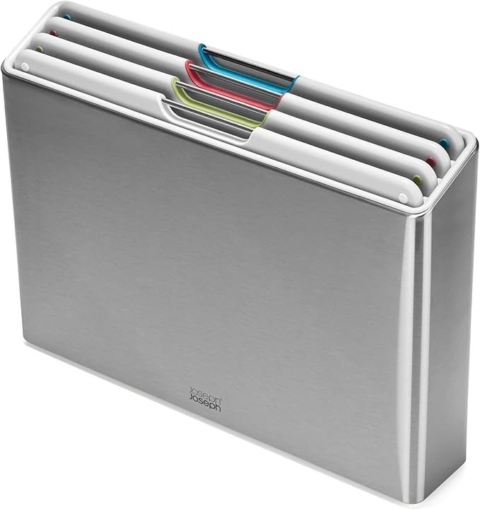 Joseph Joseph Folio 4-Piece Color-Coded Chopping Board Set, Stainless Steel Slimline Case for Organized Kitchen Storage, Light Stone