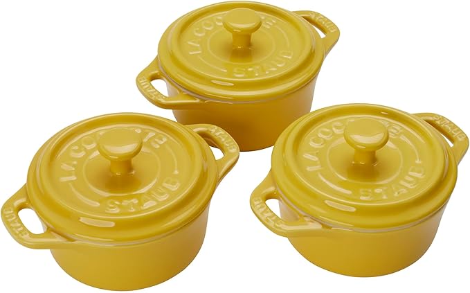 STAUB Ceramic 3-pc Mini Round Cocotte Set, Citron