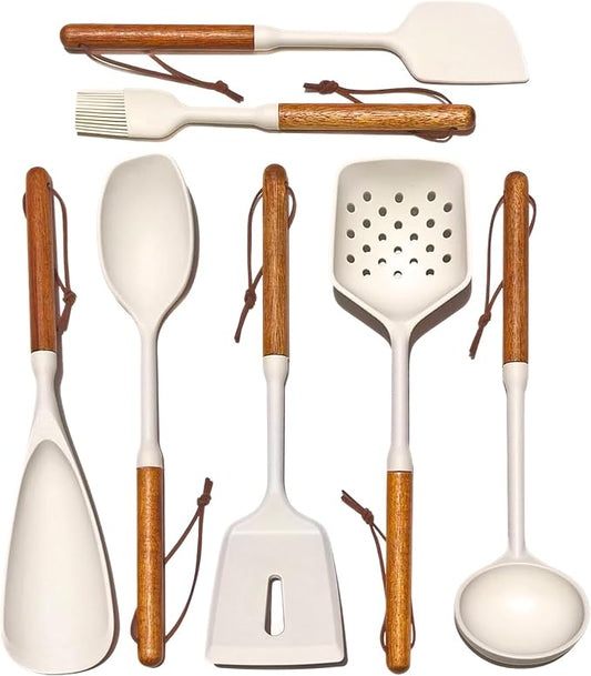White Silicone Cooking Utensils Set, Kitchen Utensils Set 7 Pcs for cooking, Non-Toxic Spatula Set with Heat Resistant Wood Handles for Nonstick Cookware, (Cream White)