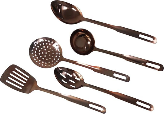 Amco 5-Piece Stainless Steel Cooking Utensil Set, Copper Finish - Includes Kitchen Ladle, Slotted Turner, Skimmer, Solid Spoons - 14" with Hanging Holes for Easy Storage, Durable Kitchen Gadgets