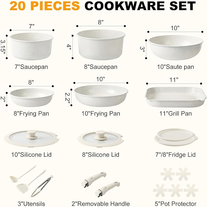 21 Pcs Pots and Pans Set Non Stick, Ceramic Cookware Set Detachable Handle, RV Kitchen Cooking Set Removable Handles, Oven Safe, Induction ReadyStackable Non-stick set Cream White