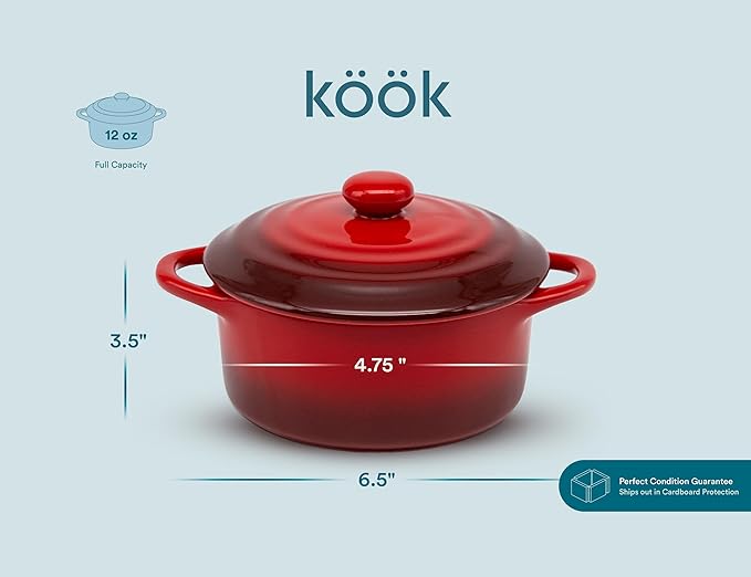 Kook Ceramic Mini Cocotte Set, Small Casserole Dishes with Lids and Handles, Individual Baking Ramekins, Oven safe 500F, Microwave & Dishwasher Safe, Stoneware, 12 oz, Set of 4, (Crimson Ombre)