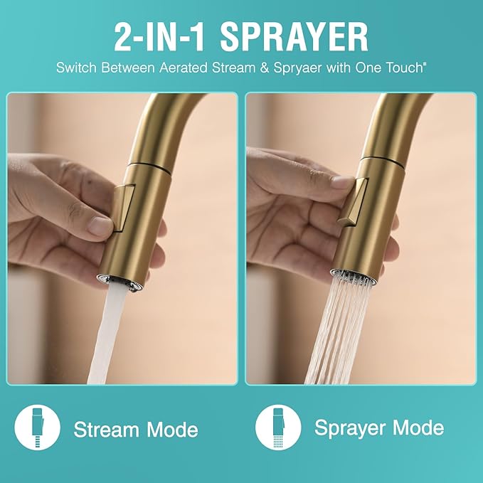 Modern Bar Sink Faucet for Kitchen Sink Single Handle with Pull Out Sprayer Hot and Cold Prep Sink Faucet Brushed Gold